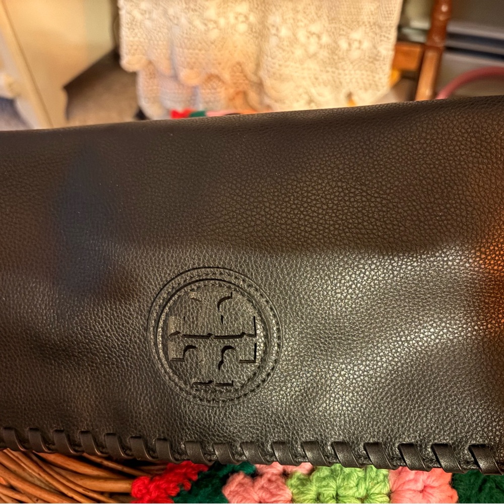 Tory Burch Black Leather Fold-Over Handbag with Whipstitch Trim. Crossbody.